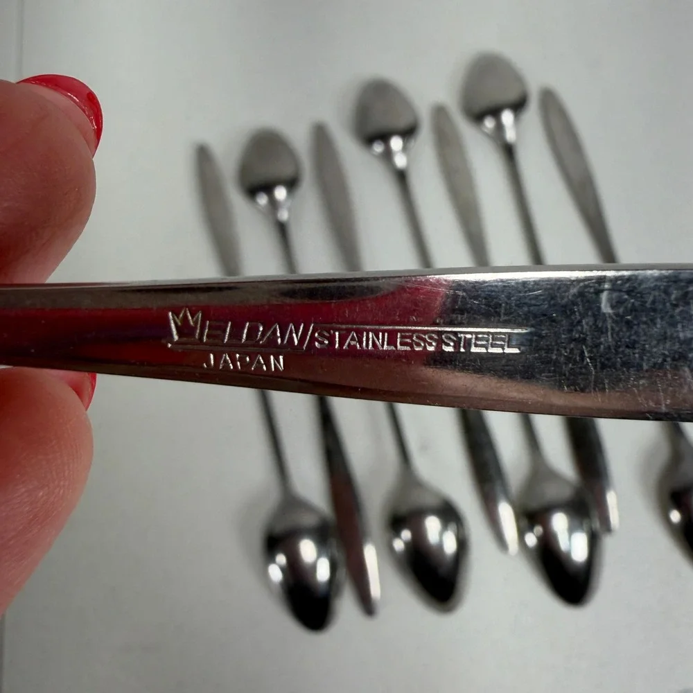 Eldan Iced Tea Spoons Set of 8 Rose Floral Embossed Japan Stainless Steel MCM